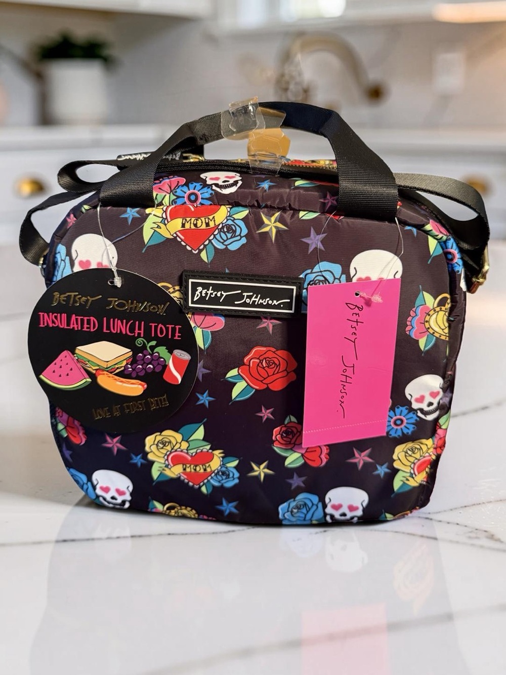 Betsey Johnson NWT Black Floral & Skull Large Insulated Lunch Tote (P256)